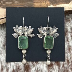 FEDERICO JIMENEZ Sterling Silver & Light Green Glass Love Birds Drop Earrings